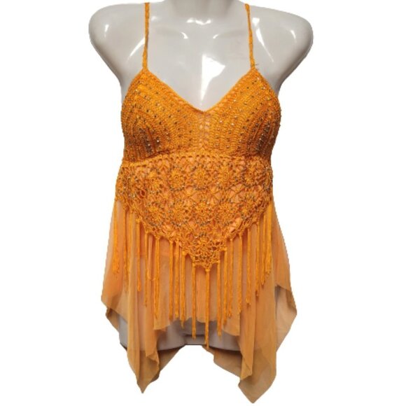 Orange Belly Dance Top Sequin Adjustable Strap Tank Top Spaghetti Strap Tunic - Picture 1 of 11